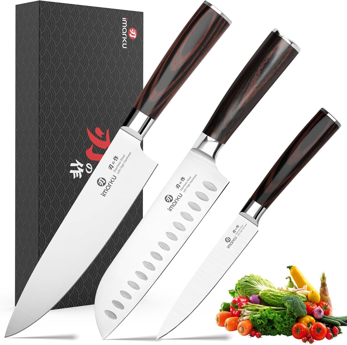 Set 3 Cuchillos Chef Acero Inox Alto Carbono Mango Pakkawood