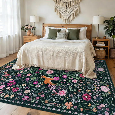 Alfombra bohemia lavable 5x7ft pelo bajo color verde oscuro