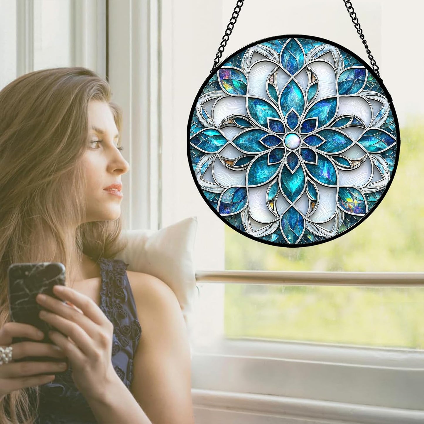 Colgante vitral flores azul y blanco puerta jardín