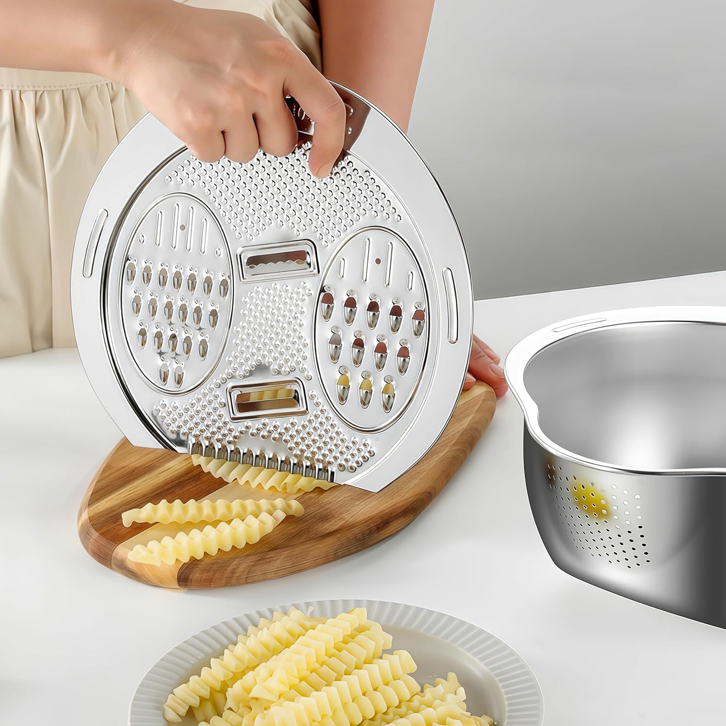 Cuenco colador para lavadora de arroz con rallador de acero inoxidable