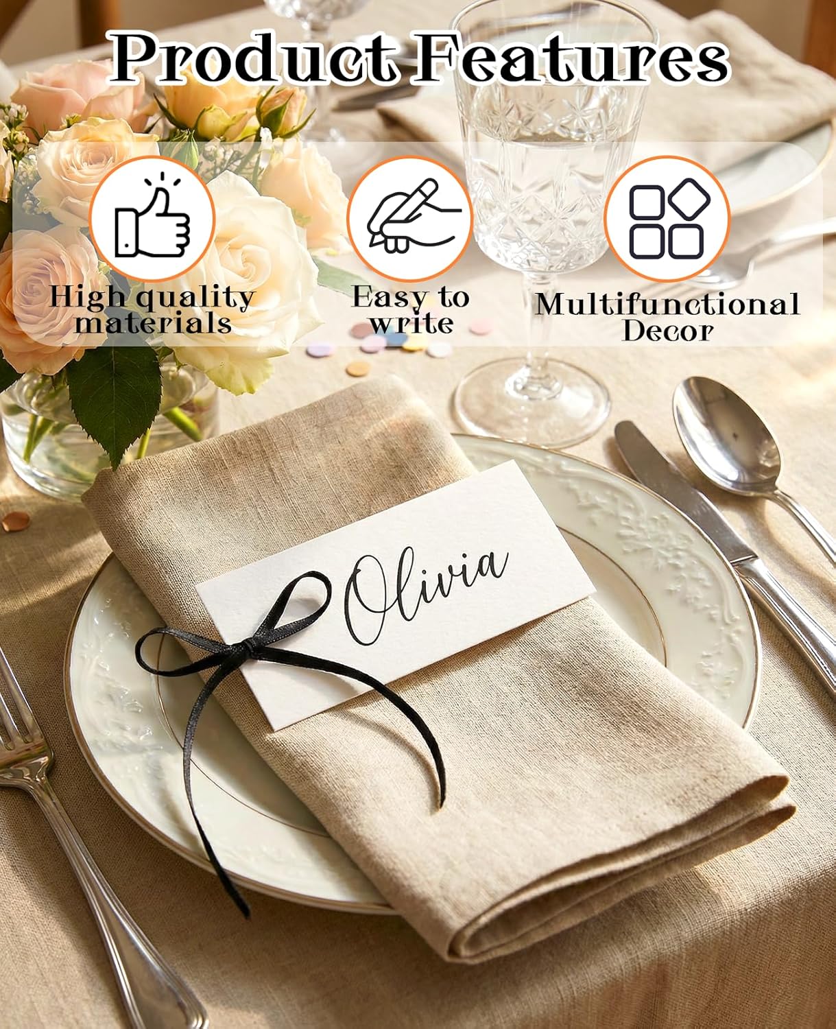 Tarjetas de nombre con cinta de terciopelo para mesas de bodas y eventos
