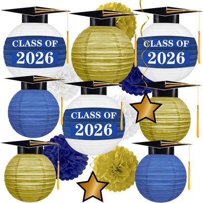 16 Linternas Papel Graduación Azul Dorado Estilo 2