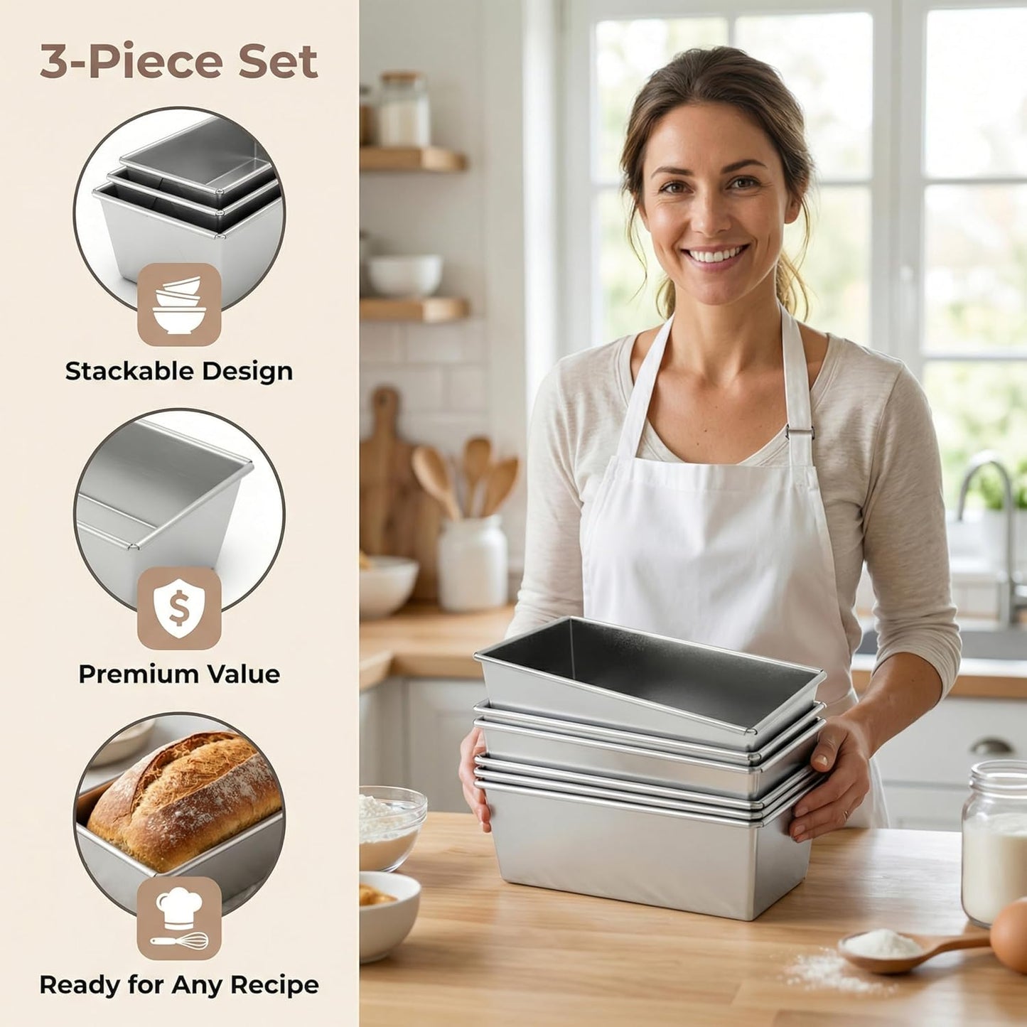 3 Moldes Antiadherente Pan 7.1x3.4pulg Acero Inox