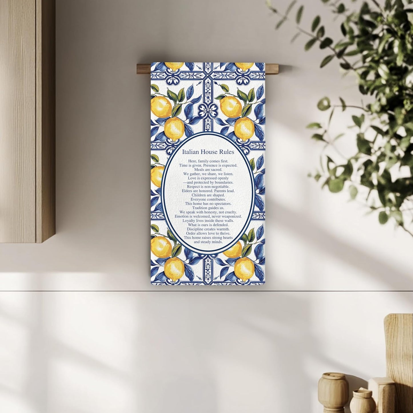 Toallas de cocina italianas azules y amarillas decorativas