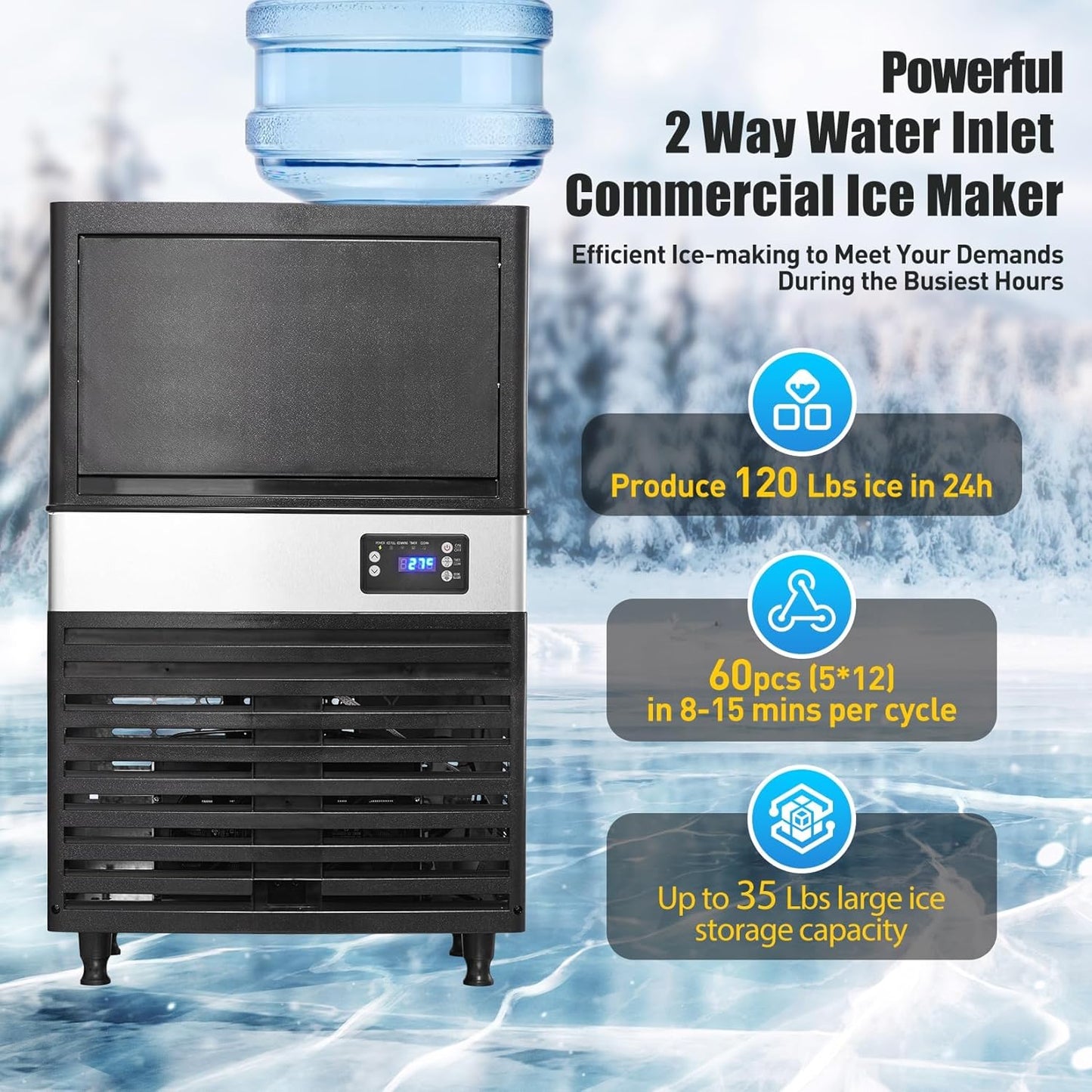 Máquina hielo comercial 120lb/24h doble entrada grifo luz azul