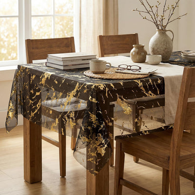 Mantel rectangular de gasa negro y dorado 60 x 84 pulgadas con purpurina de mármol