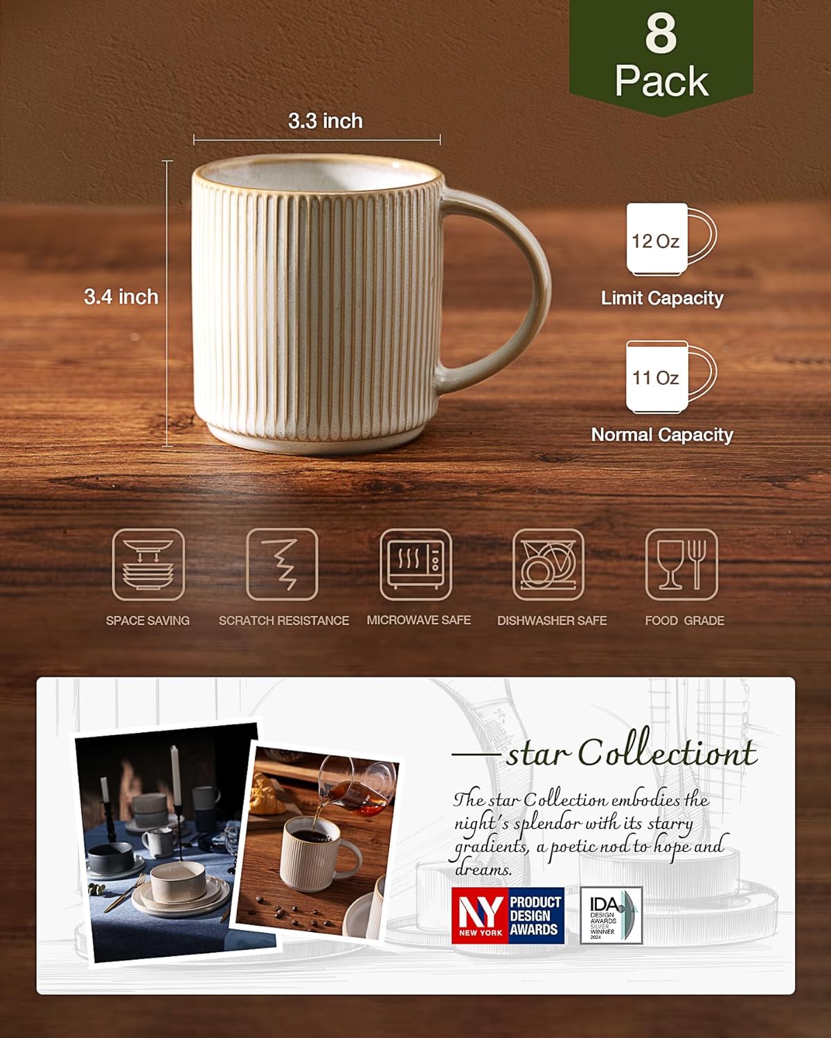 Set 8 Tazas Cerámica 12oz Asa para Café Té Cacao Blanco
