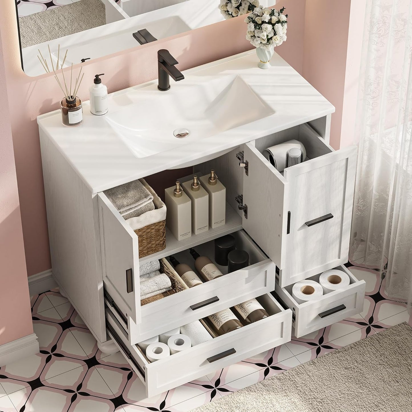 Tocador baño 36pulg con fregadero 4 cajones 2 puertas madera