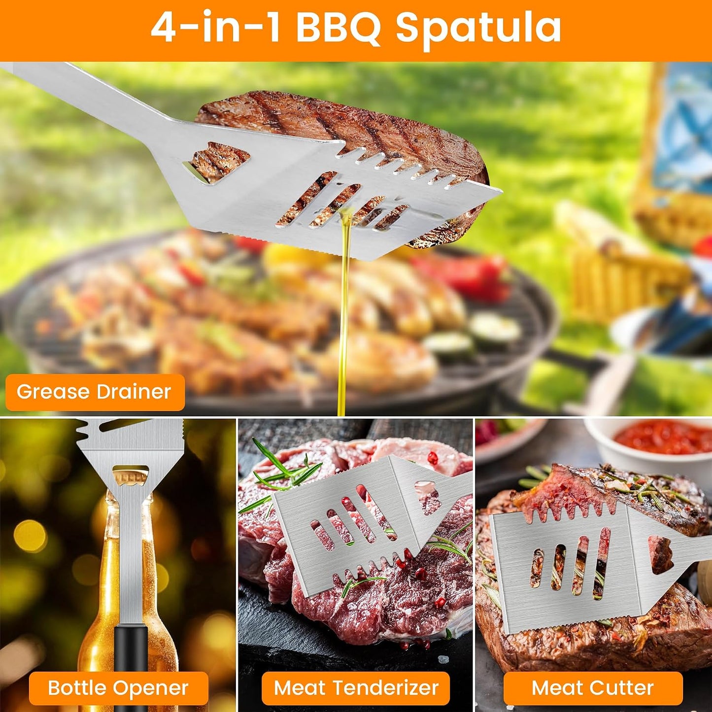 Kit 4en1 parrilla espátula tenedor pinzas cepillo