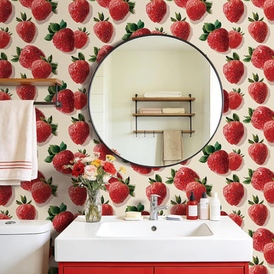 Papel tapiz fresas autoadhesivo 17.5x10pulg rojo beige