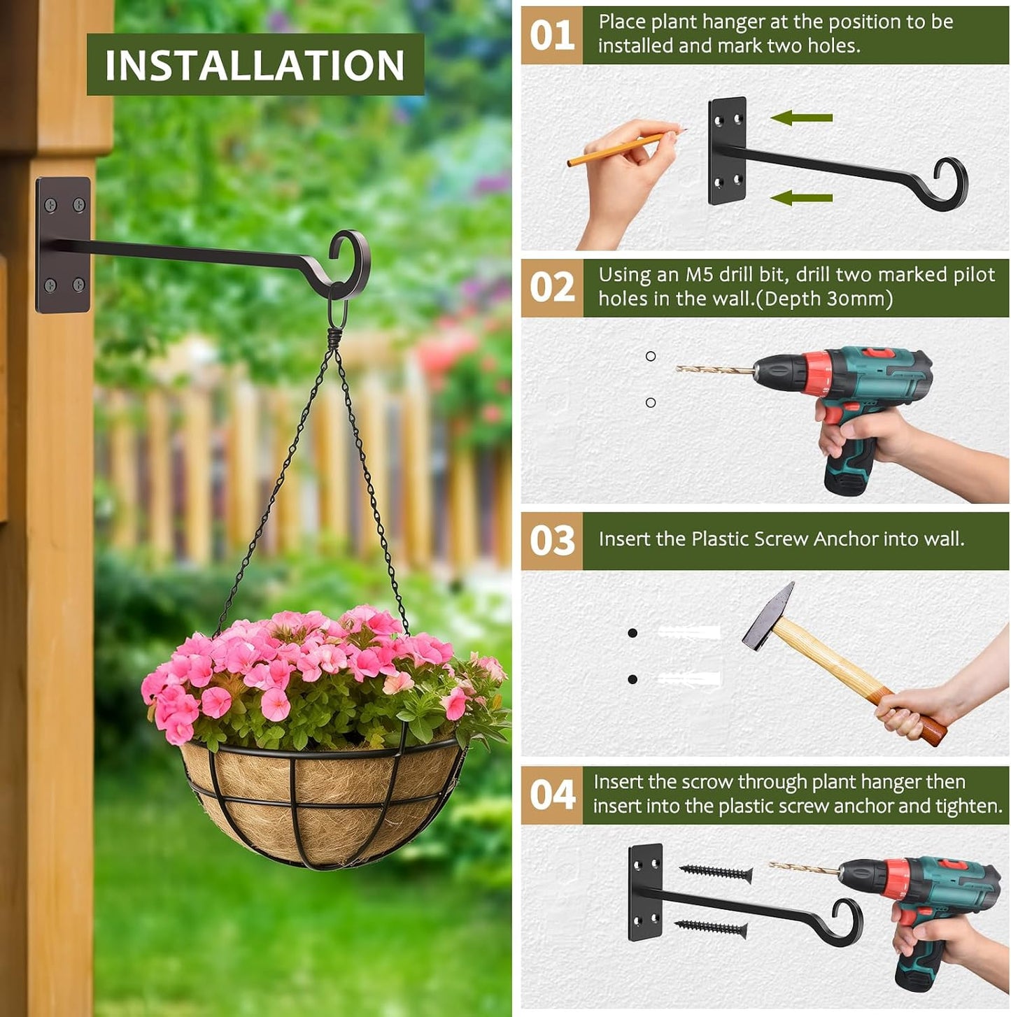Colgadores hierro forjado negro 12pulg para plantas exterior set 2
