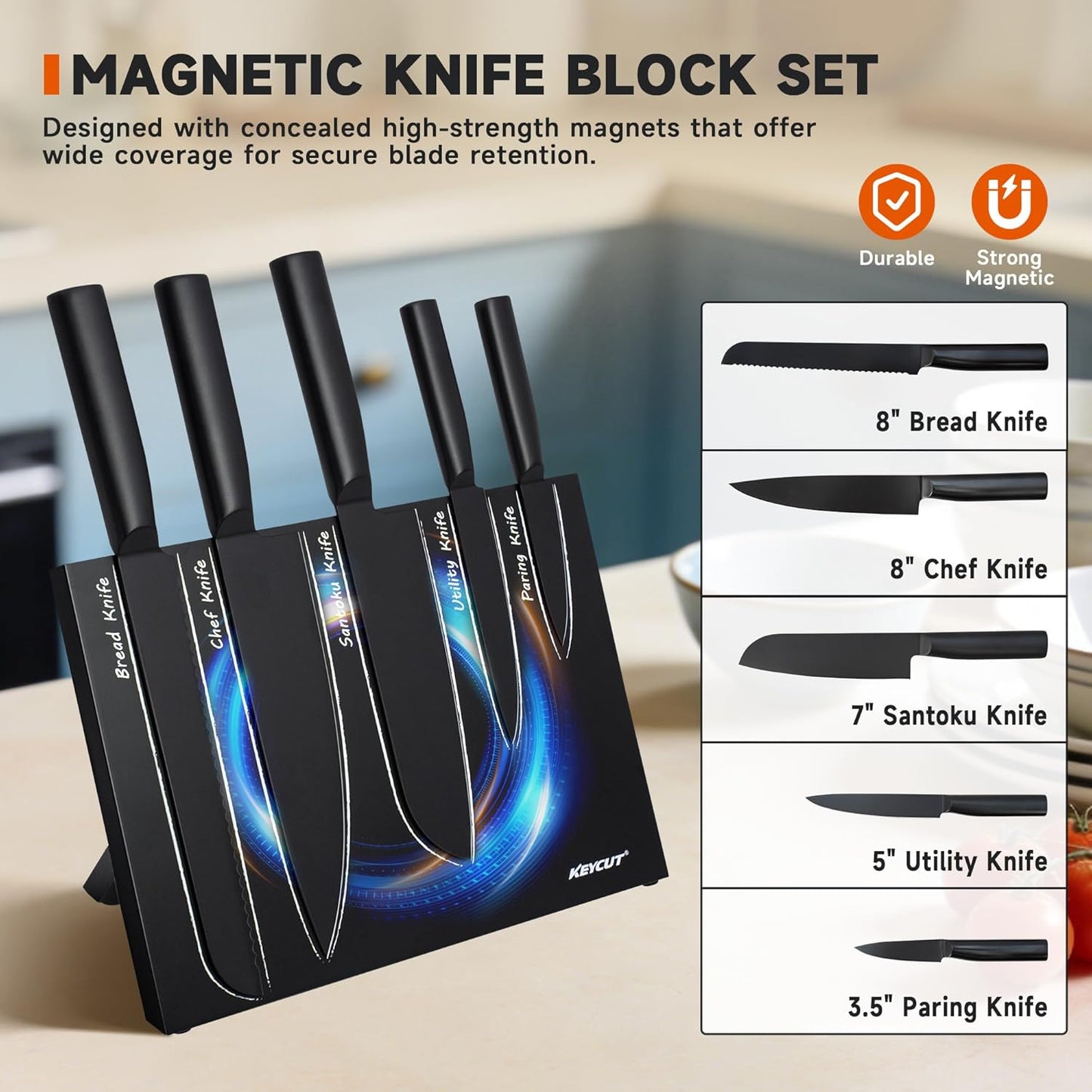 Set 6 Cuchillos Acero Inox 5CR Bloque Magnético Plegable