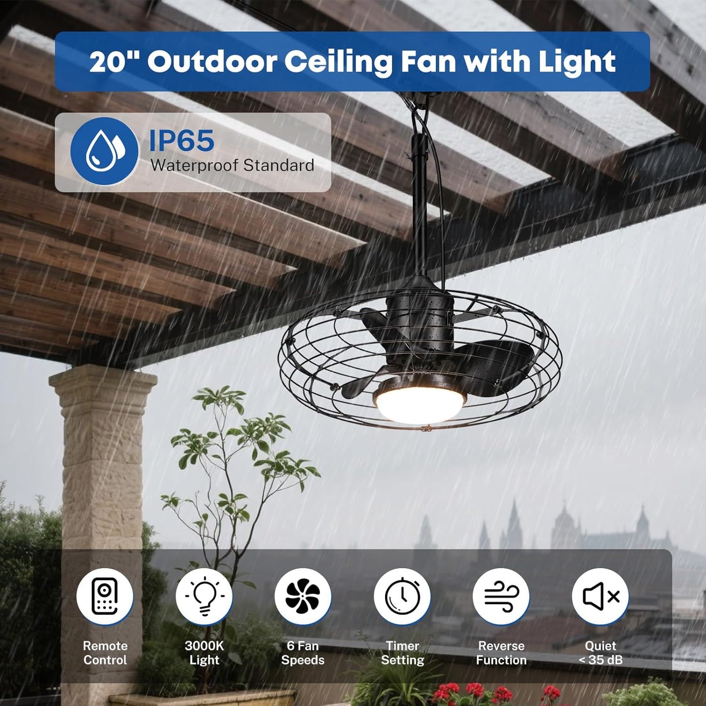 Ventilador techo exterior 20pulg luz IP65 control remoto