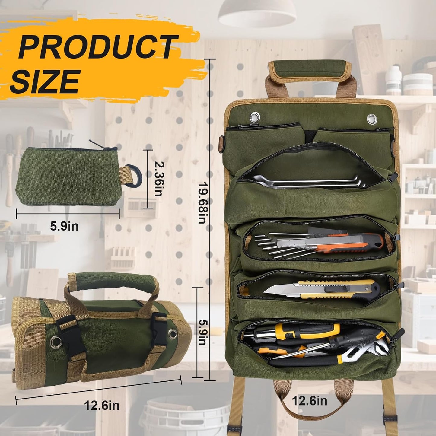 Bolsa herramientas enrollable resistente verde