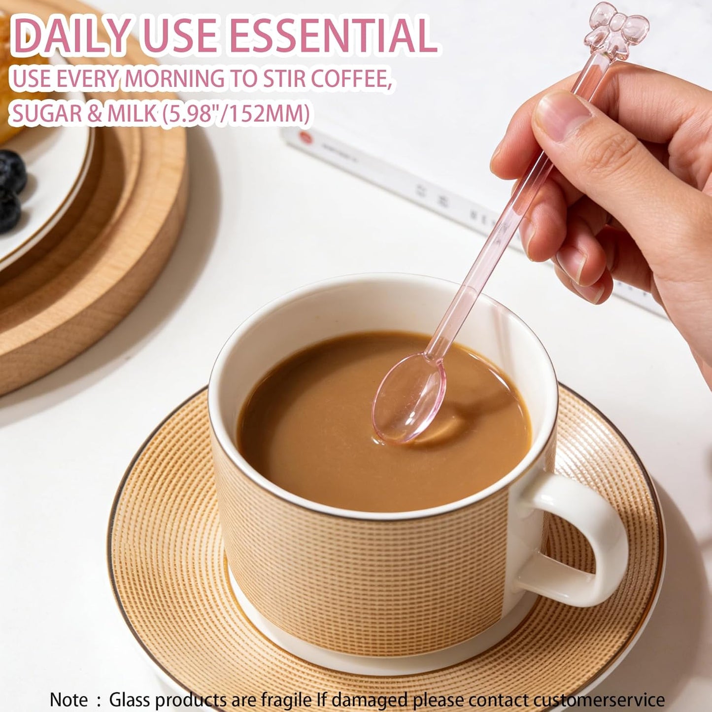 Cucharas de cristal con lazo rosa 5.9 pulgadas para café té postres