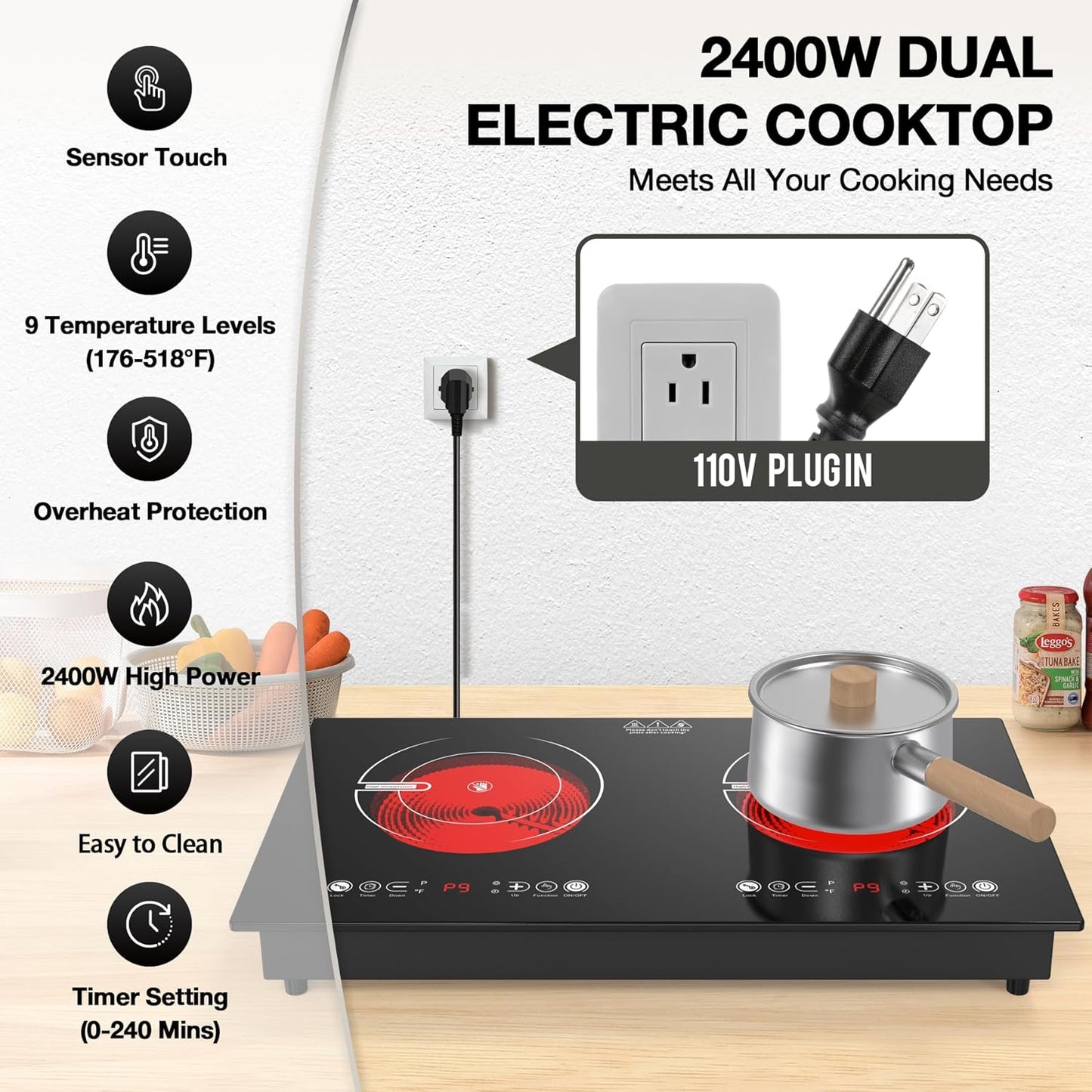 Estufa eléctrica individual doble 110V 9 niveles control táctil LED