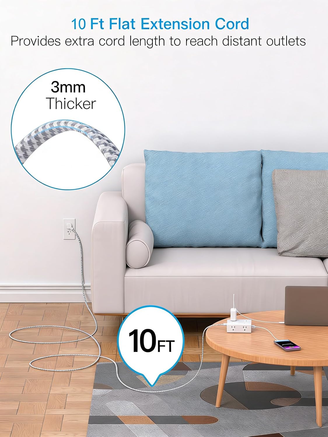 Cable extensión enchufe plano 10ft 8 tomas 4 USB