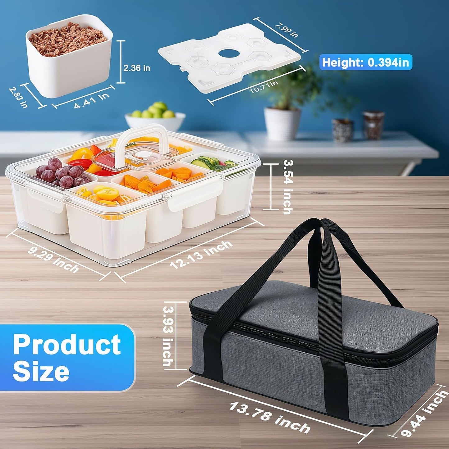 Contenedor portátil para aperitivos con bolsa de hielo y bandeja dividida
