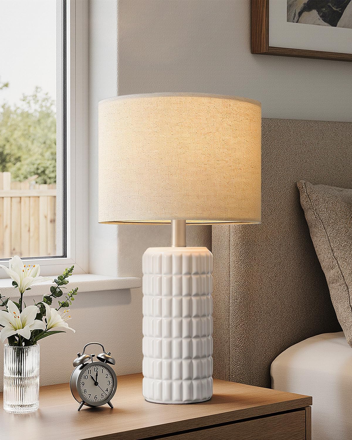 Lámpara mesa cerámica 23pulg sala dormitorio bohemia blanca
