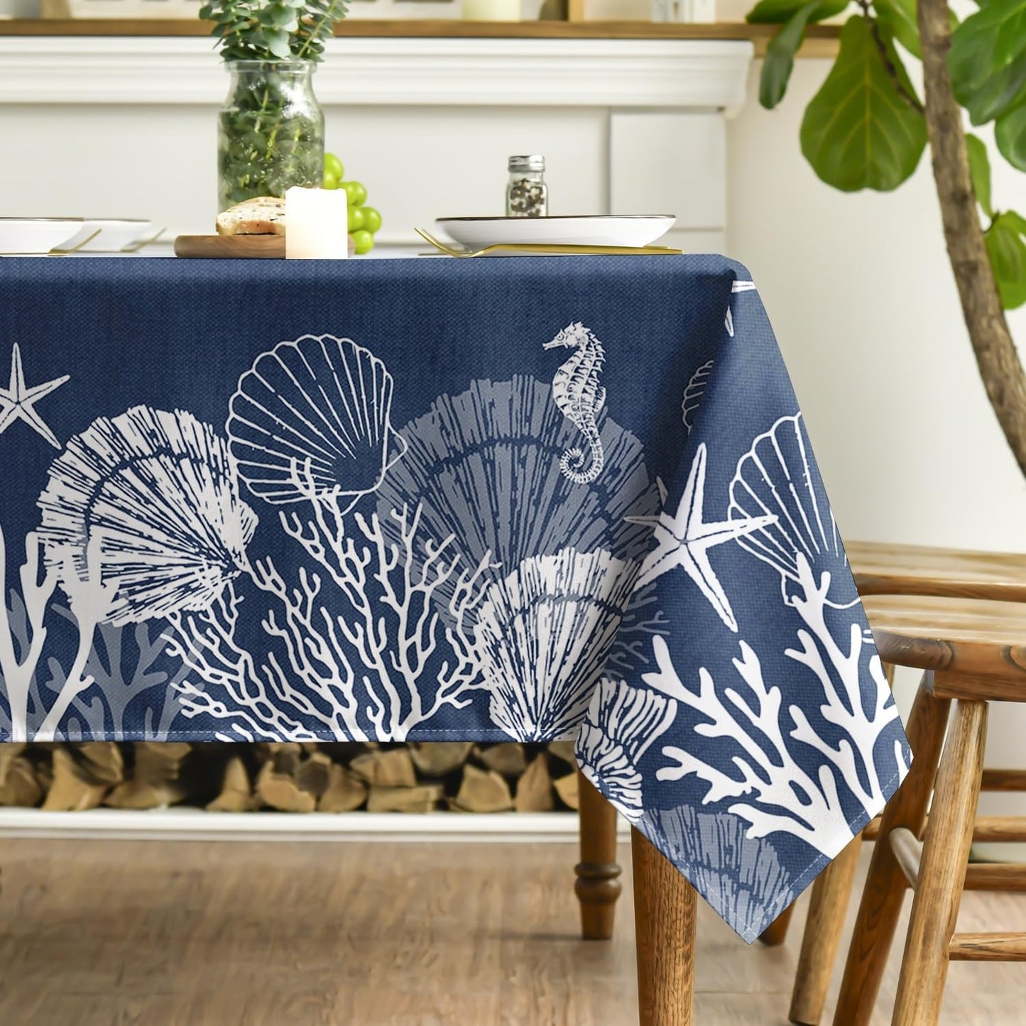 Mantel rectangular de verano 52 x 70 pulgadas con motivos marinos azules