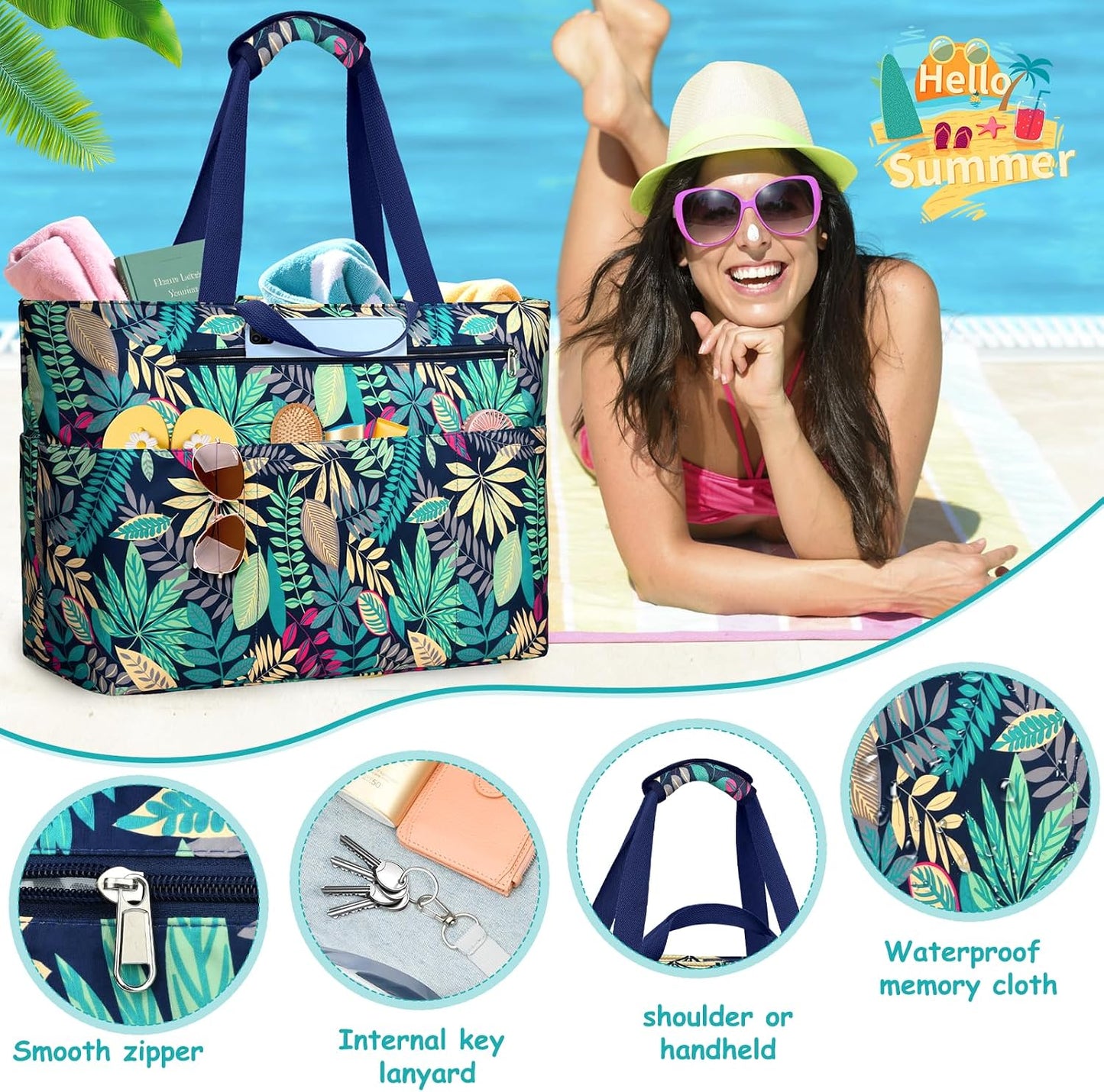 Bolsa playa impermeable con cremallera y bolsillo húmedo