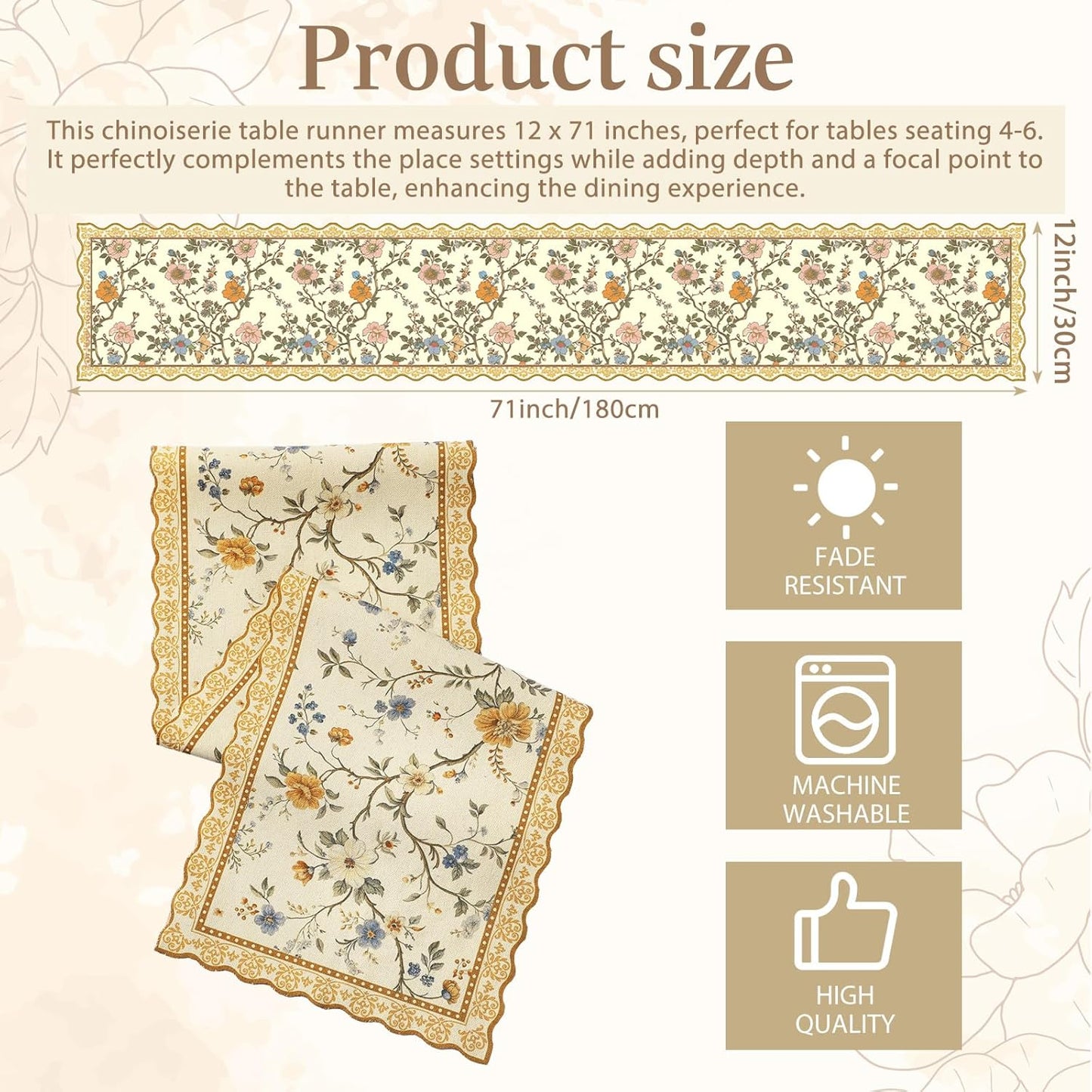 Camino de mesa Chinoiserie floral marrón claro y blanco vintage