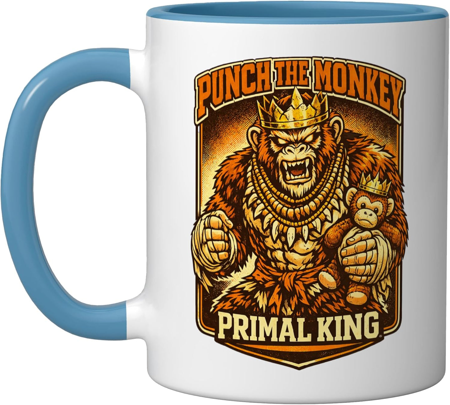 Taza cerámica Primal King Gorilla Punch The Monkey Ape Crown azul/blanco