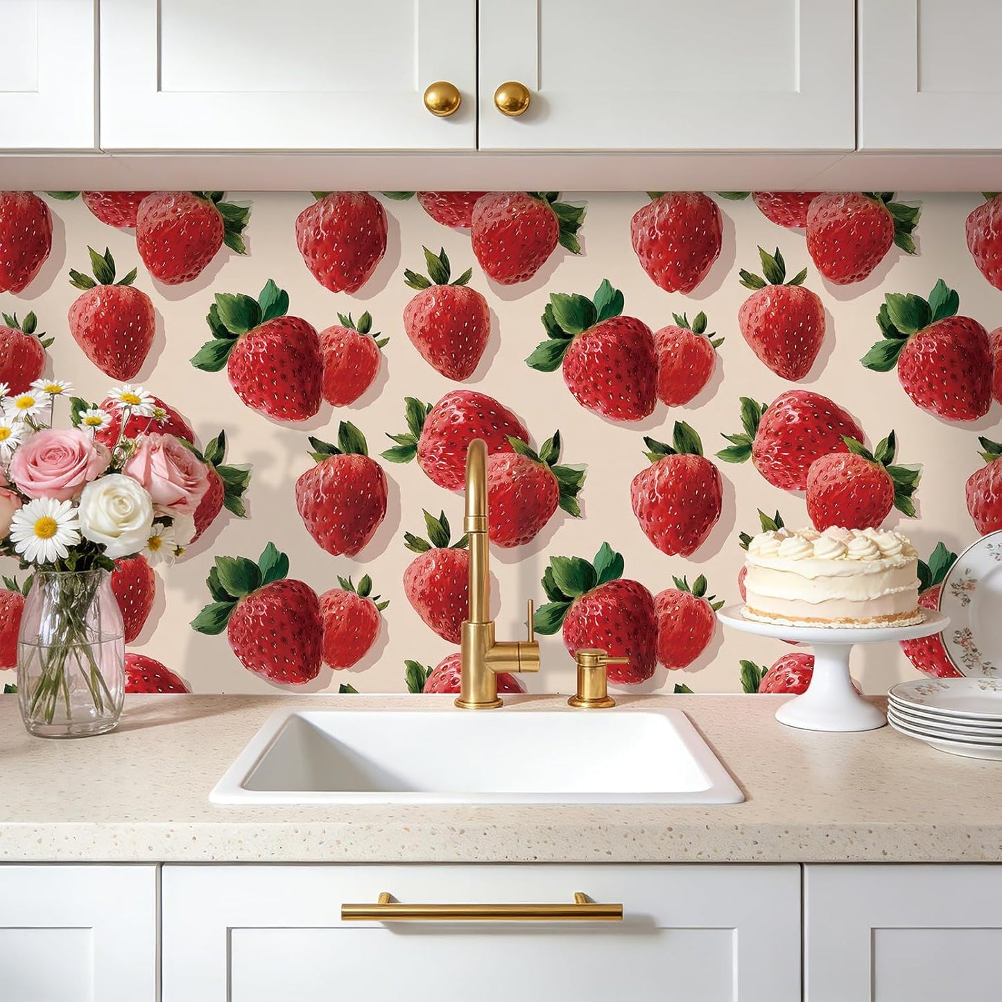 Papel tapiz acuarela fresas para niñas dormitorio autoadhesivo