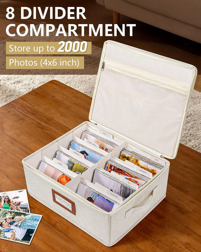 Caja lino organizadora fotos 4x6 con tapa y divisores