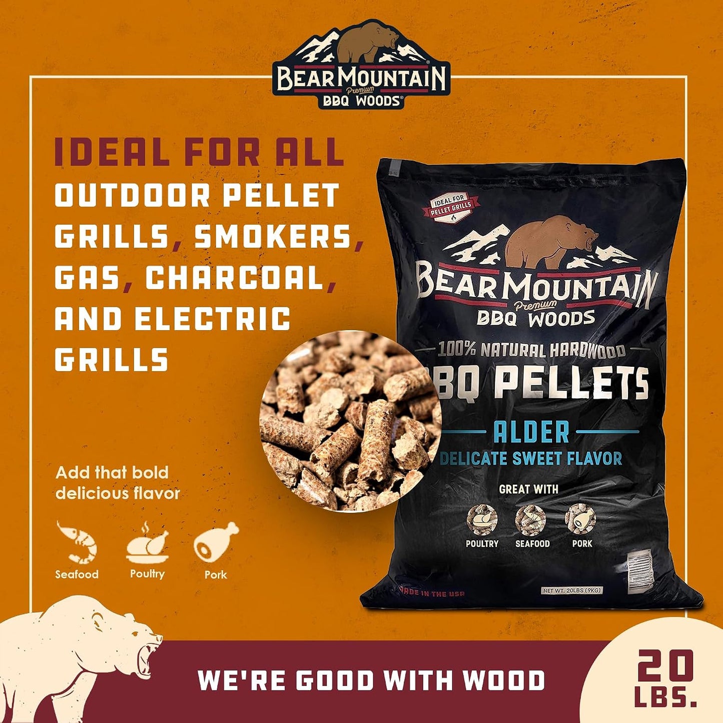Pellets madera dura aliso 20lb paquete 2 sabor ahumado