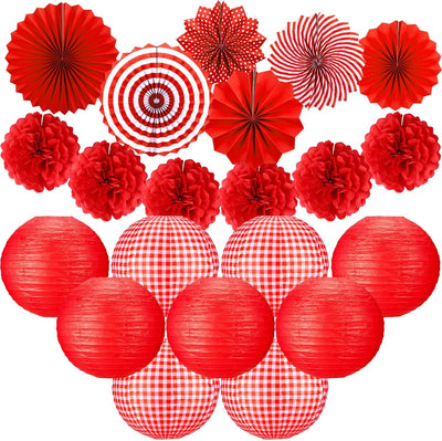 Kit 21 decoraciones rojas fiestas faroles 12pulg abanicos pompones
