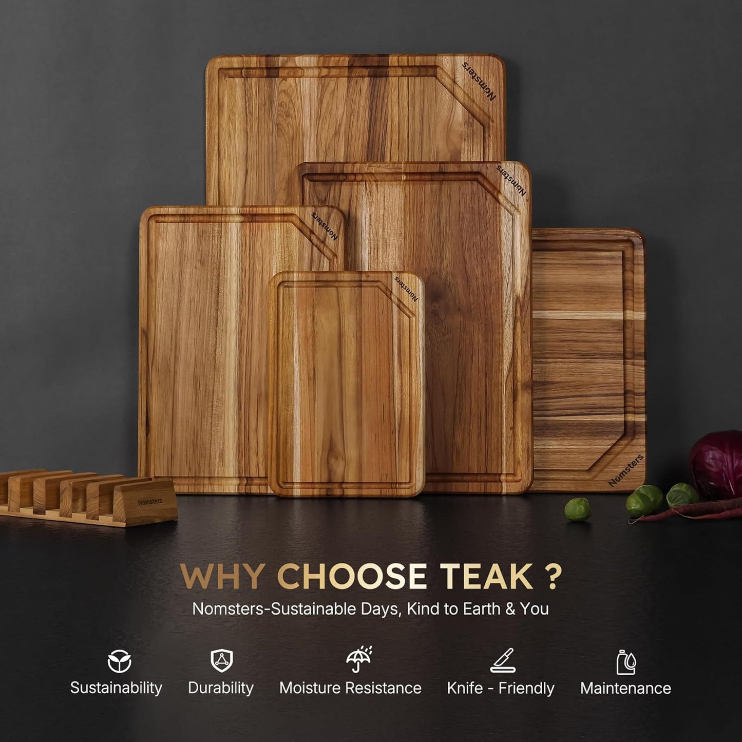 Set 5 Tablas Cortar Teca Soporte Antiderrap Fregadero