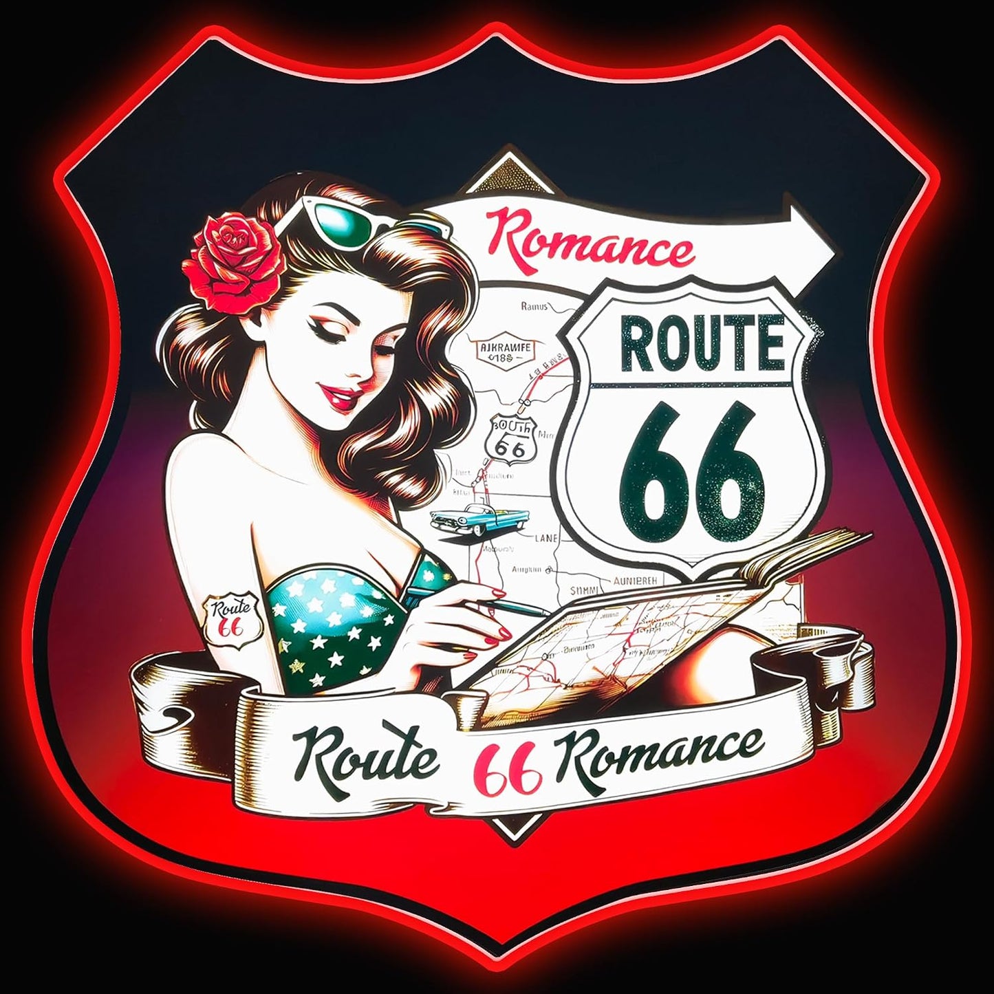 Letrero neón Route 66 3D chica pin-up 13x13pulg