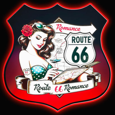 Letrero neón Route 66 3D chica pin-up 13x13pulg