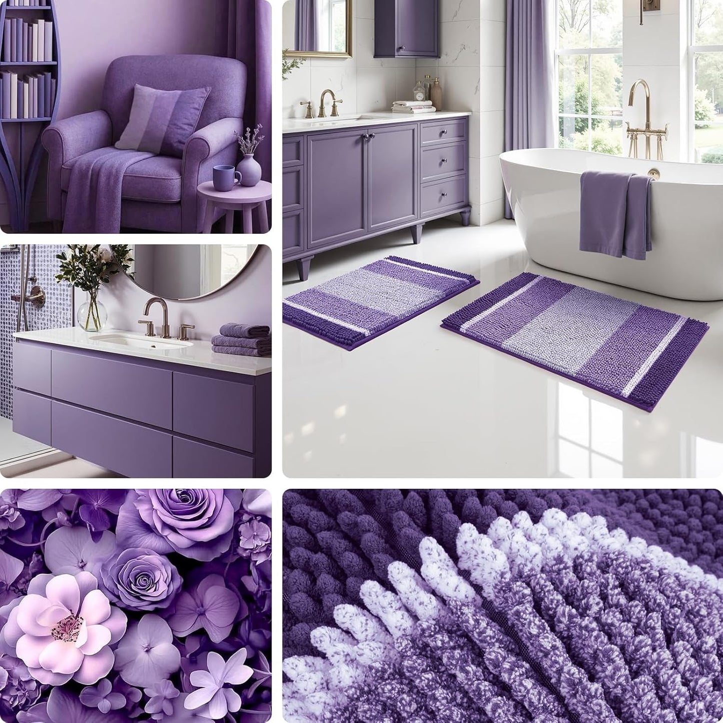 Set 2 Alfombras Baño Morado 20x32pulg y 17x24pulg Antiderrap