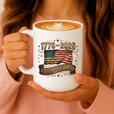 Taza de café patriótica 15 oz 1776-2026 Diseño bandera vintage Estados Unidos