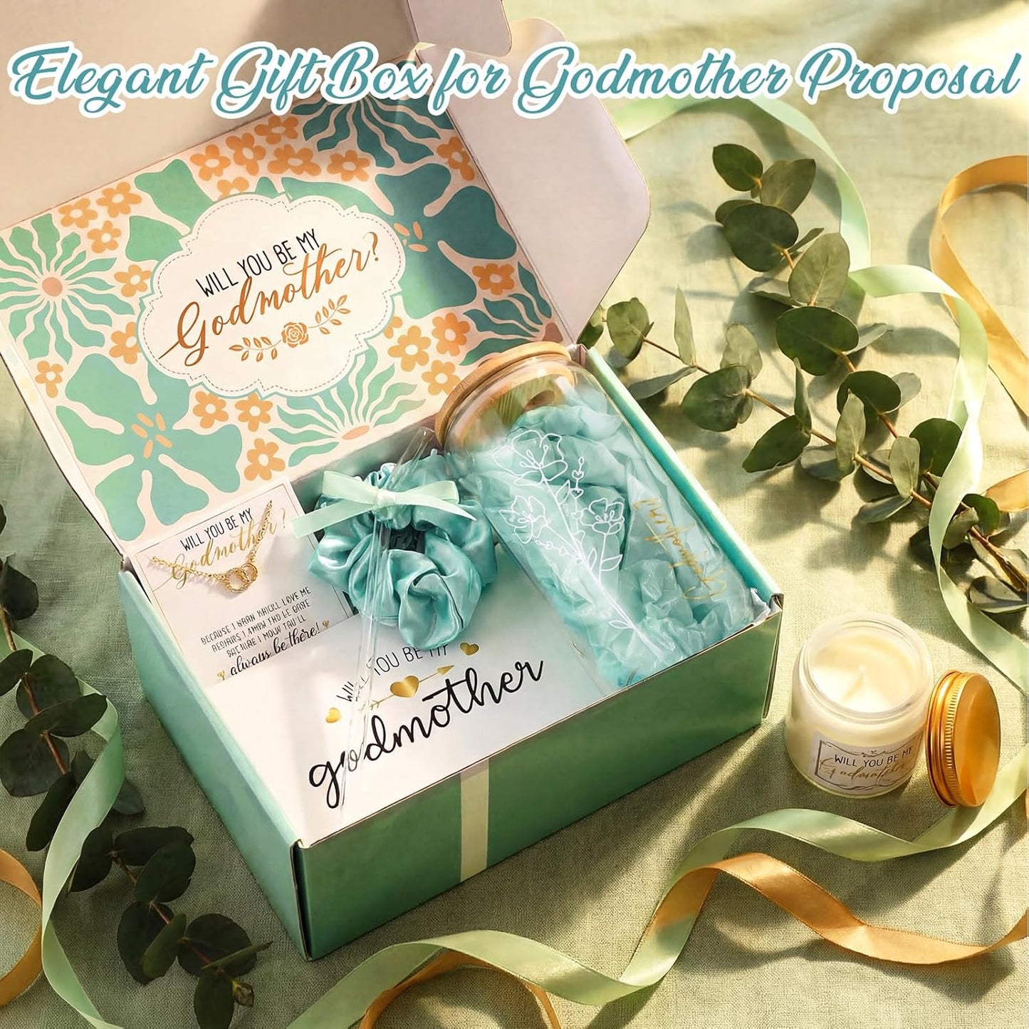 Juego de 6 piezas regalo madrina caja Will You Be My Godmother taza vidrio collar vela bautizo
