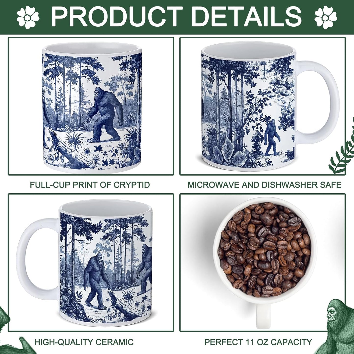Taza Bigfoot de 11 oz para hombres y mujeres, espeluznante con patrón completo