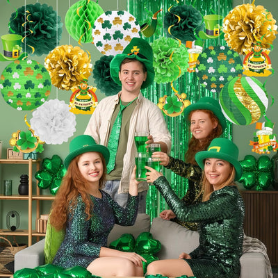 Juego decoraciones San Patricio faroles trébol pompones bolas panal