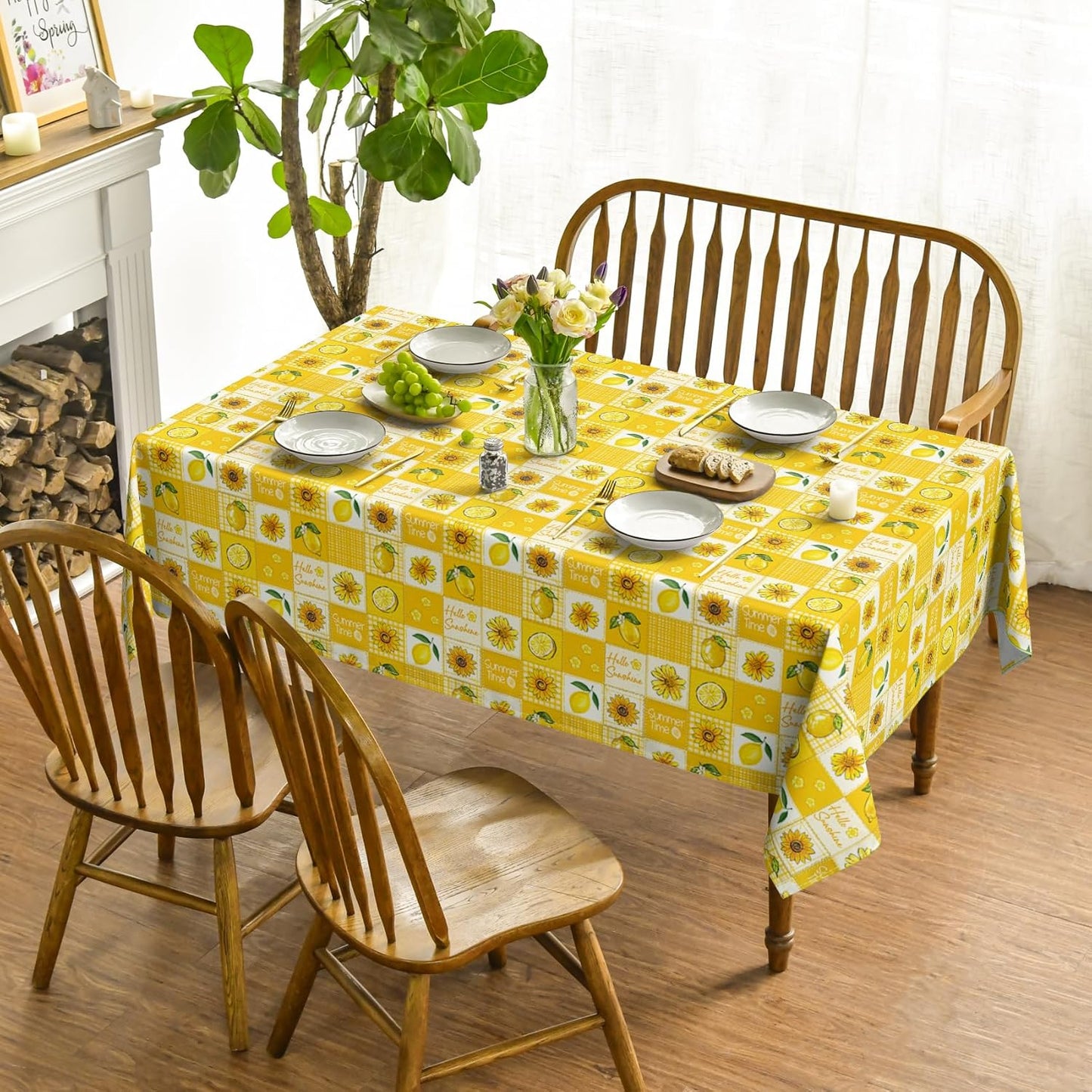 Mantel rectangular verano 60x84 pulgadas diseño retazos cuadrícula búfalo amarillo limón girasol