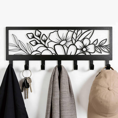 Estante pared floral negro 7 ganchos colgador decorativo