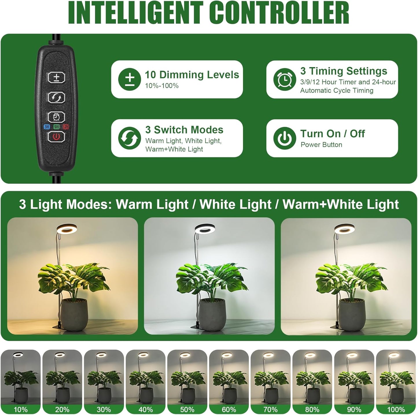 Luz cultivo interior 48 LED negro ajustable 3 modos 10 brillo