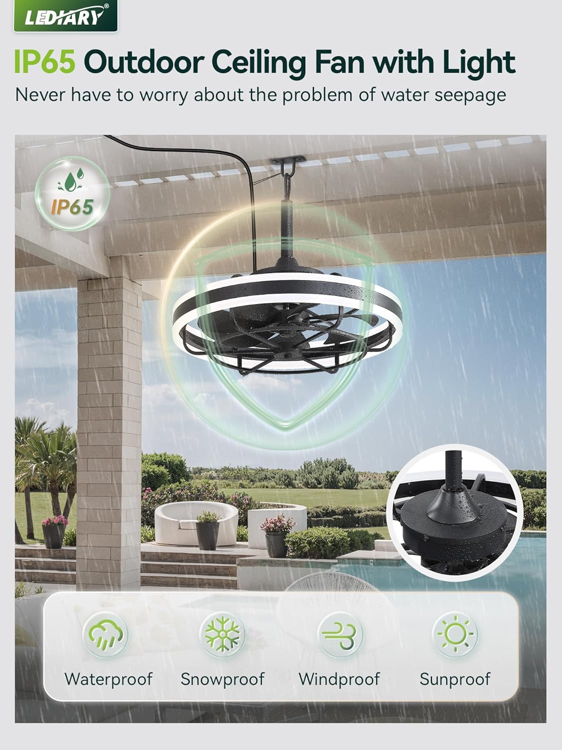 Ventilador techo exterior 20pulg luz IP65 control 3CCT