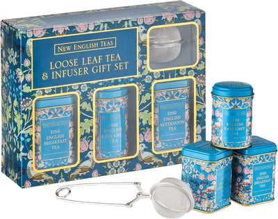 Juego de té inglés con infusor de hojas sueltas - 3 latas de desayuno, Earl Grey y mezcla de tarde