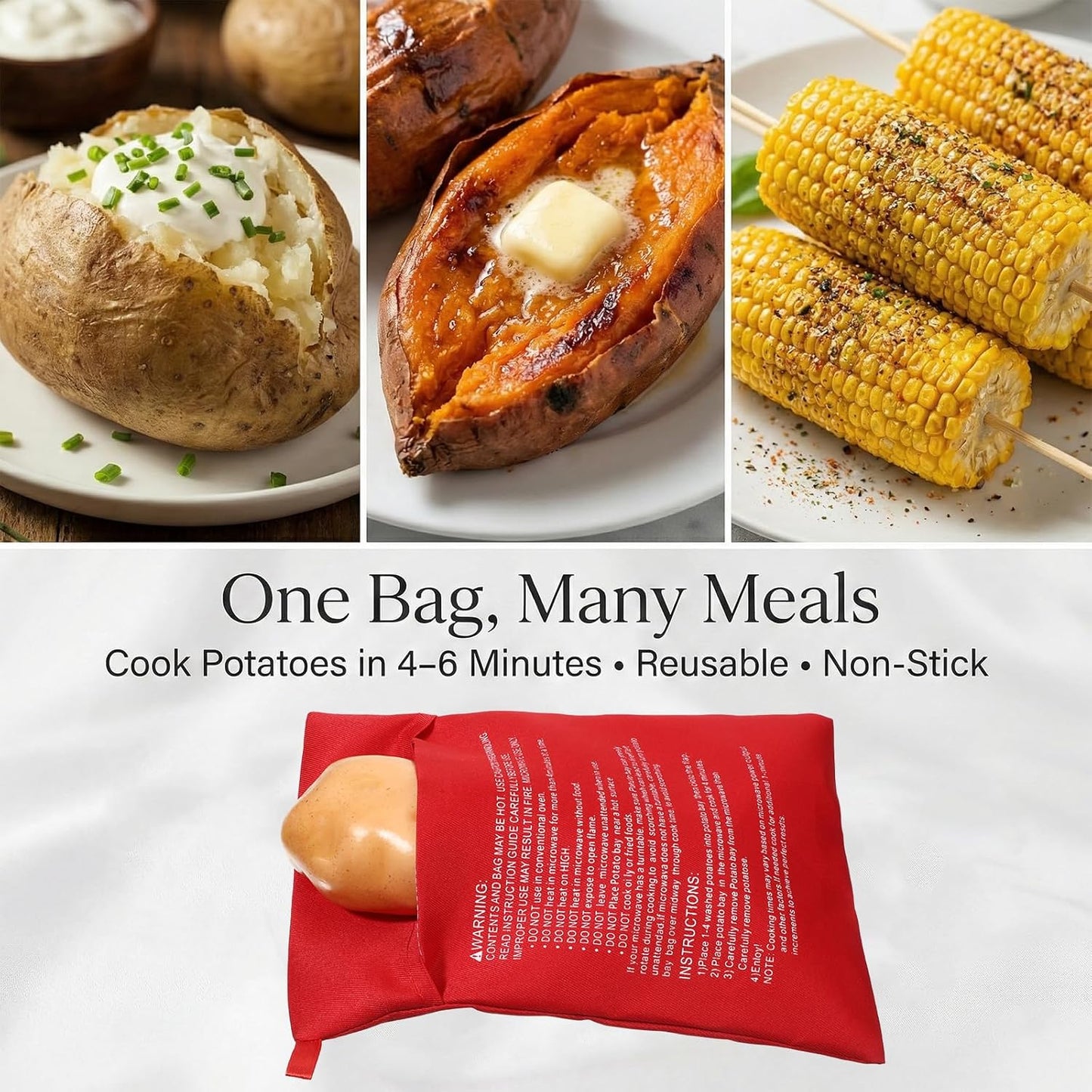 Bolsas reutilizables para cocinar papas en microondas rojas de 4 minutos