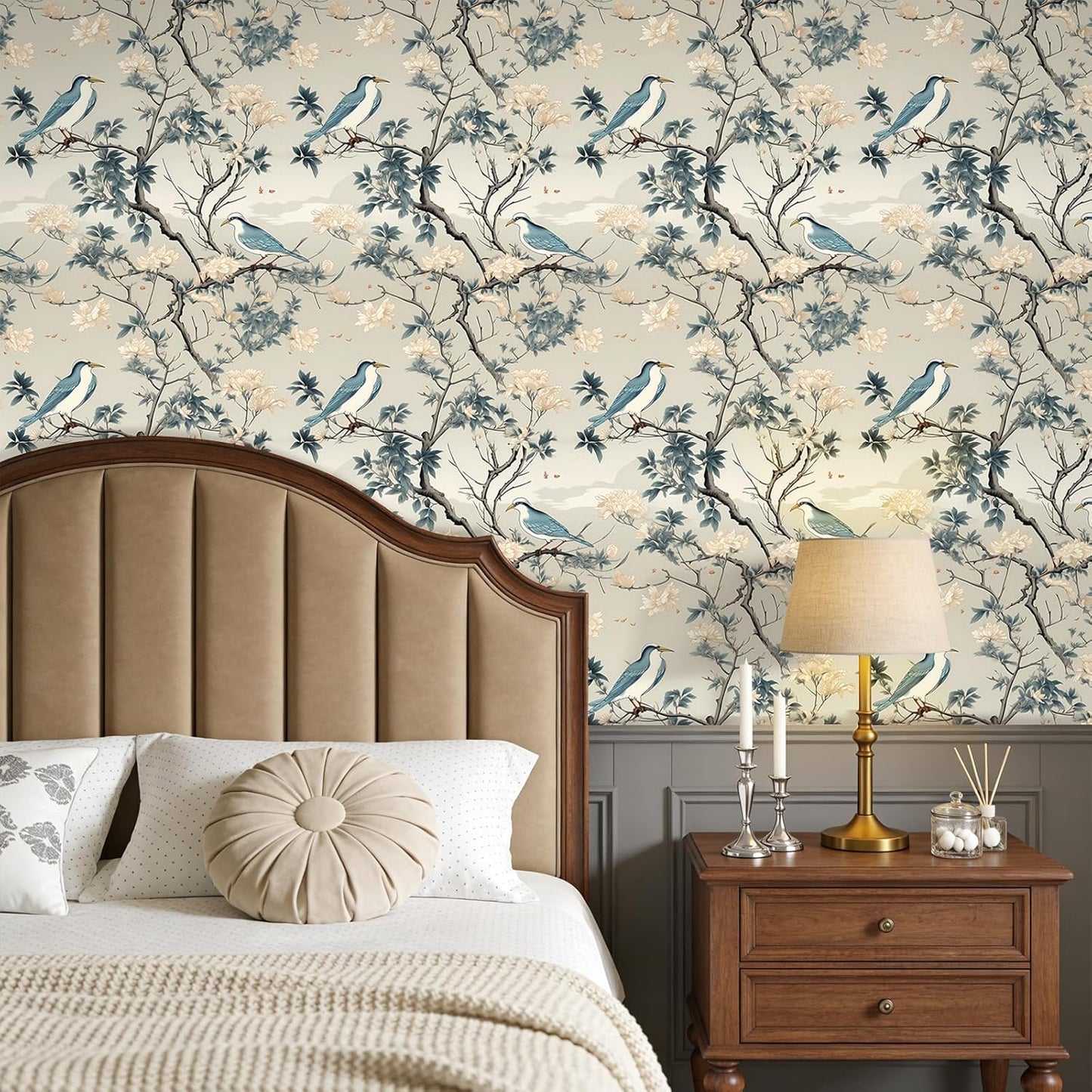 Papel tapiz vintage pájaro azul floral despegable