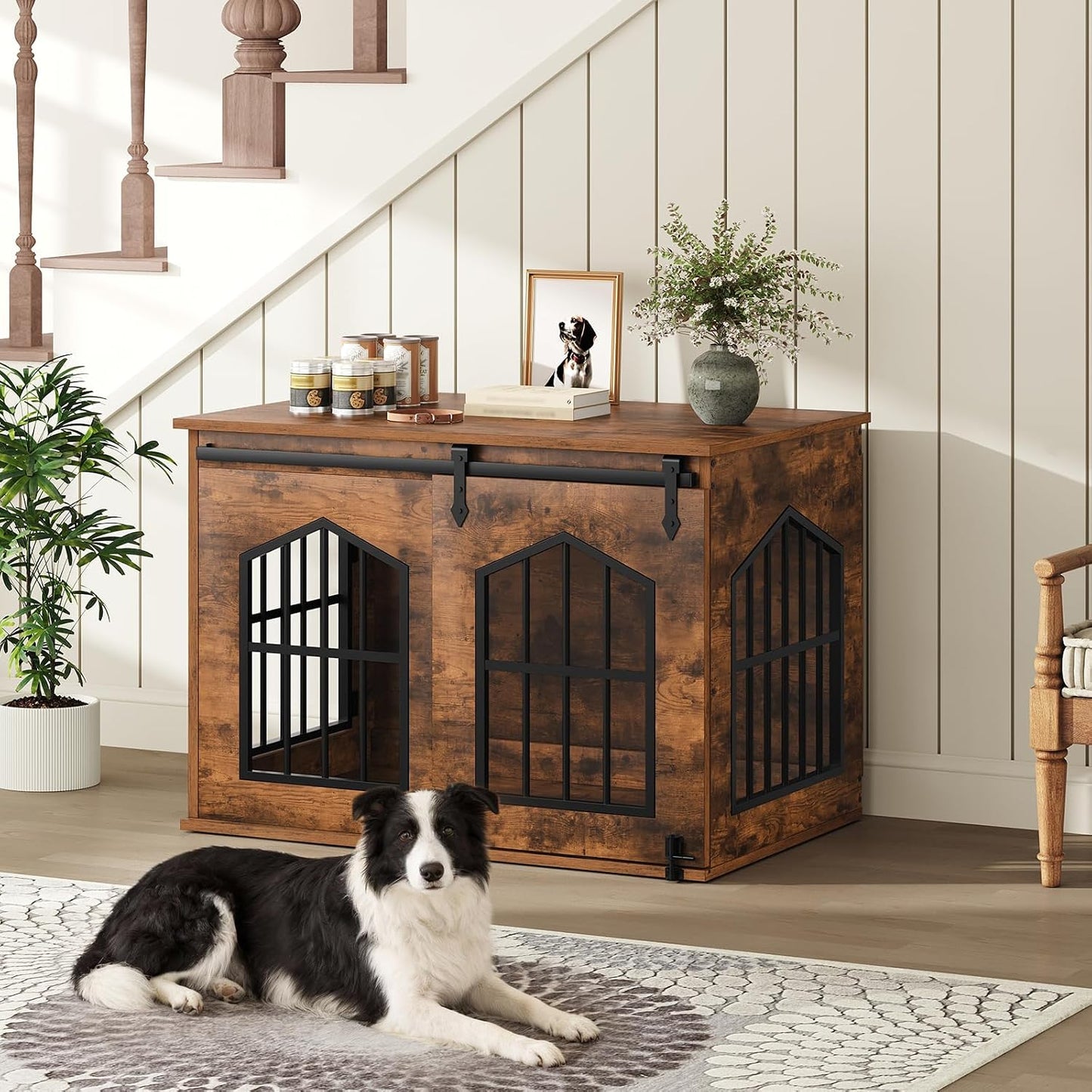Jaula perros madera 31.5pulg puerta corrediza marrón rústico