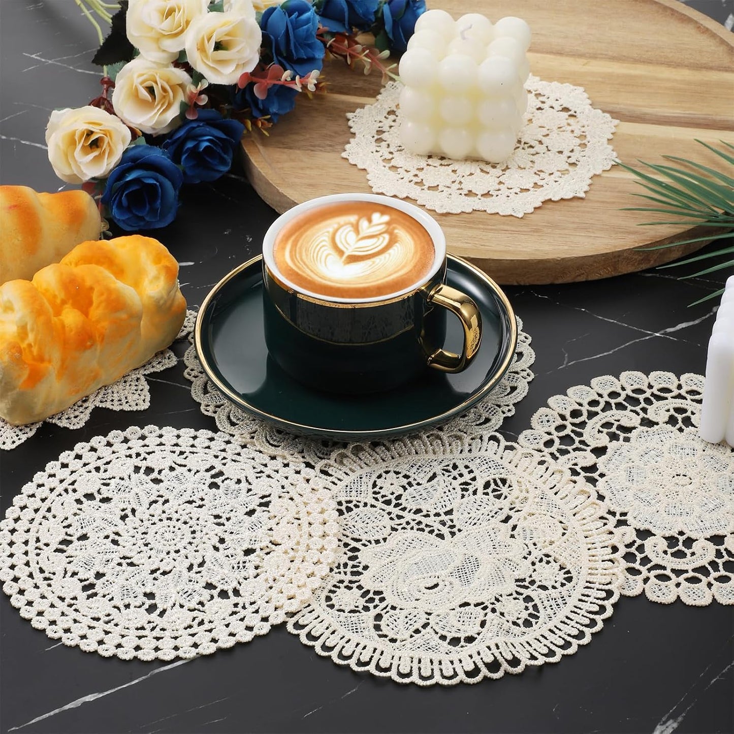 Doilies de encaje 6 pulgadas redondos hechos a mano para mesa