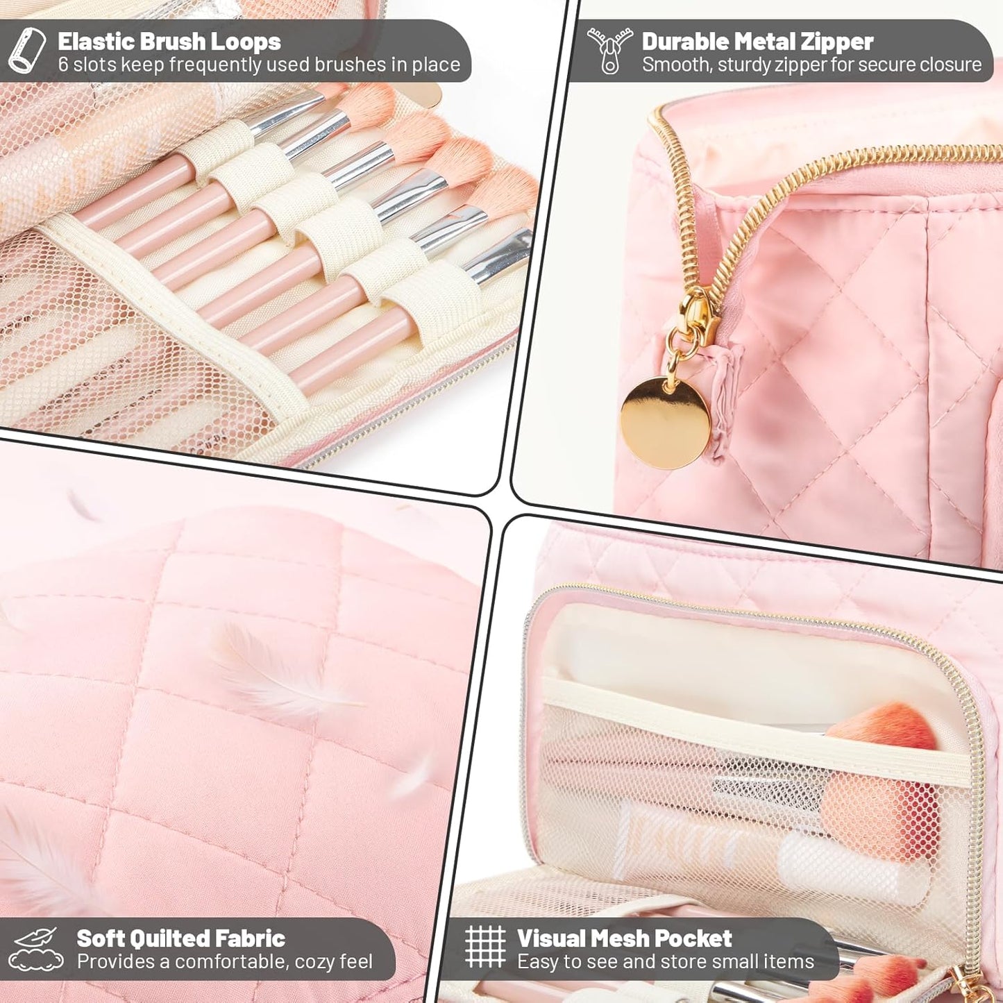 Bolsa maquillaje acolchada apertura amplia rosa claro