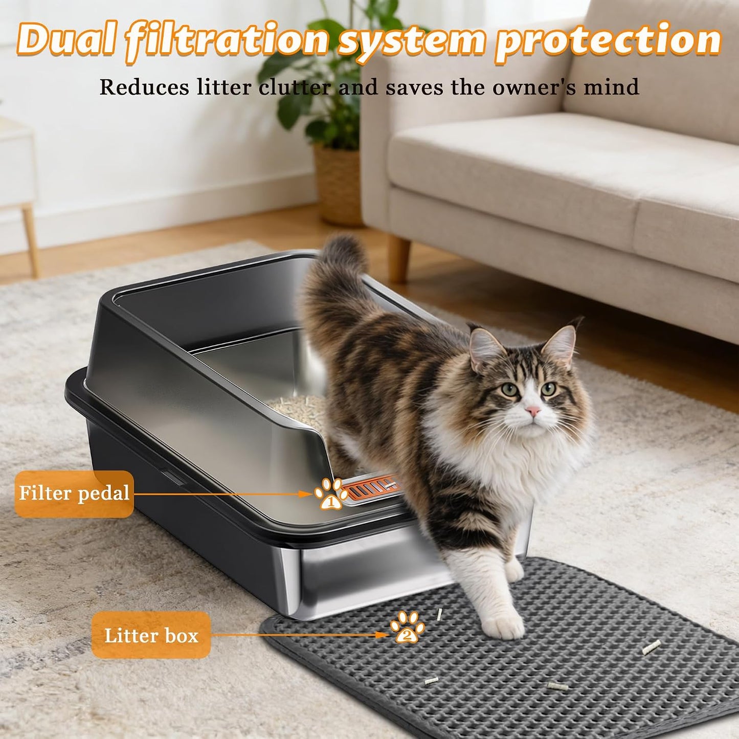 Caja arena acero inox para gatos XL 23.6x15.7pulg resistente olor